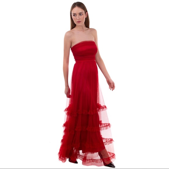 Authentic Pinko Red Tulle Tiered Full Length Dress Gown - Picture 2 of 7